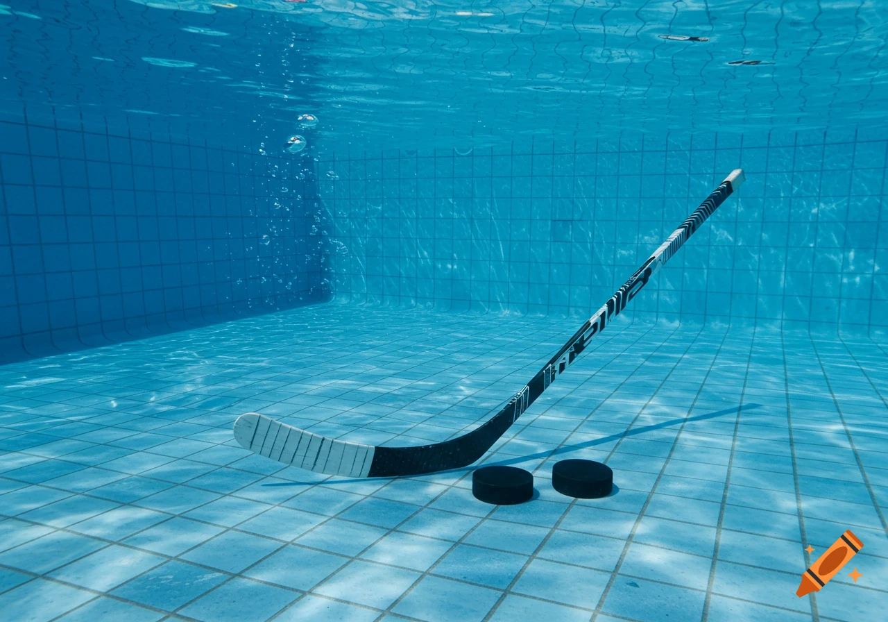 A hockey stick and two black pucks lie on the blue tiled bottom of a swimming pool, submerged underwater with visible surface ripples.