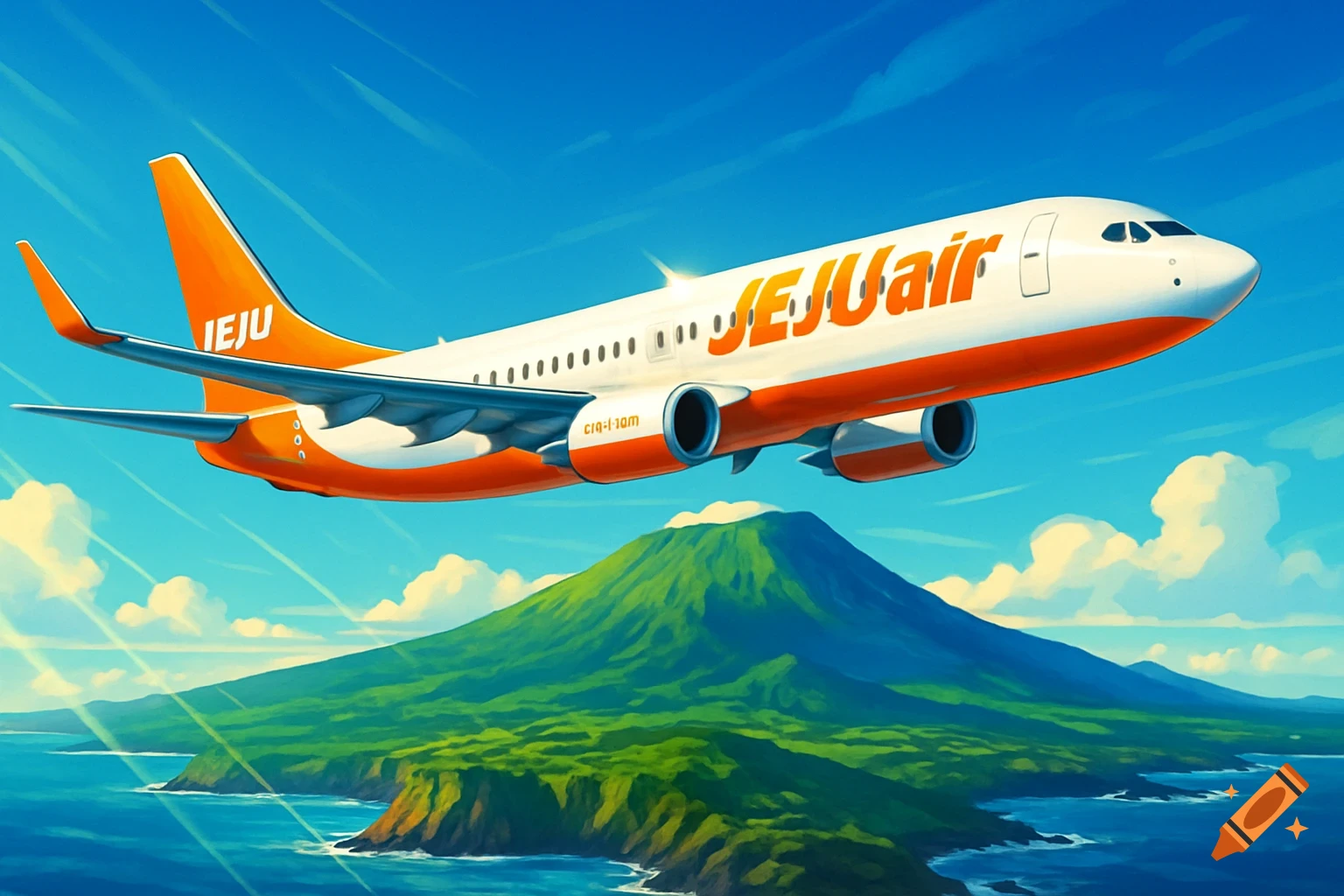 A stylized illustration of a white and orange Jeju Air passenger plane flying over a lush green island with a mountain and blue ocean under a bright blue sky.