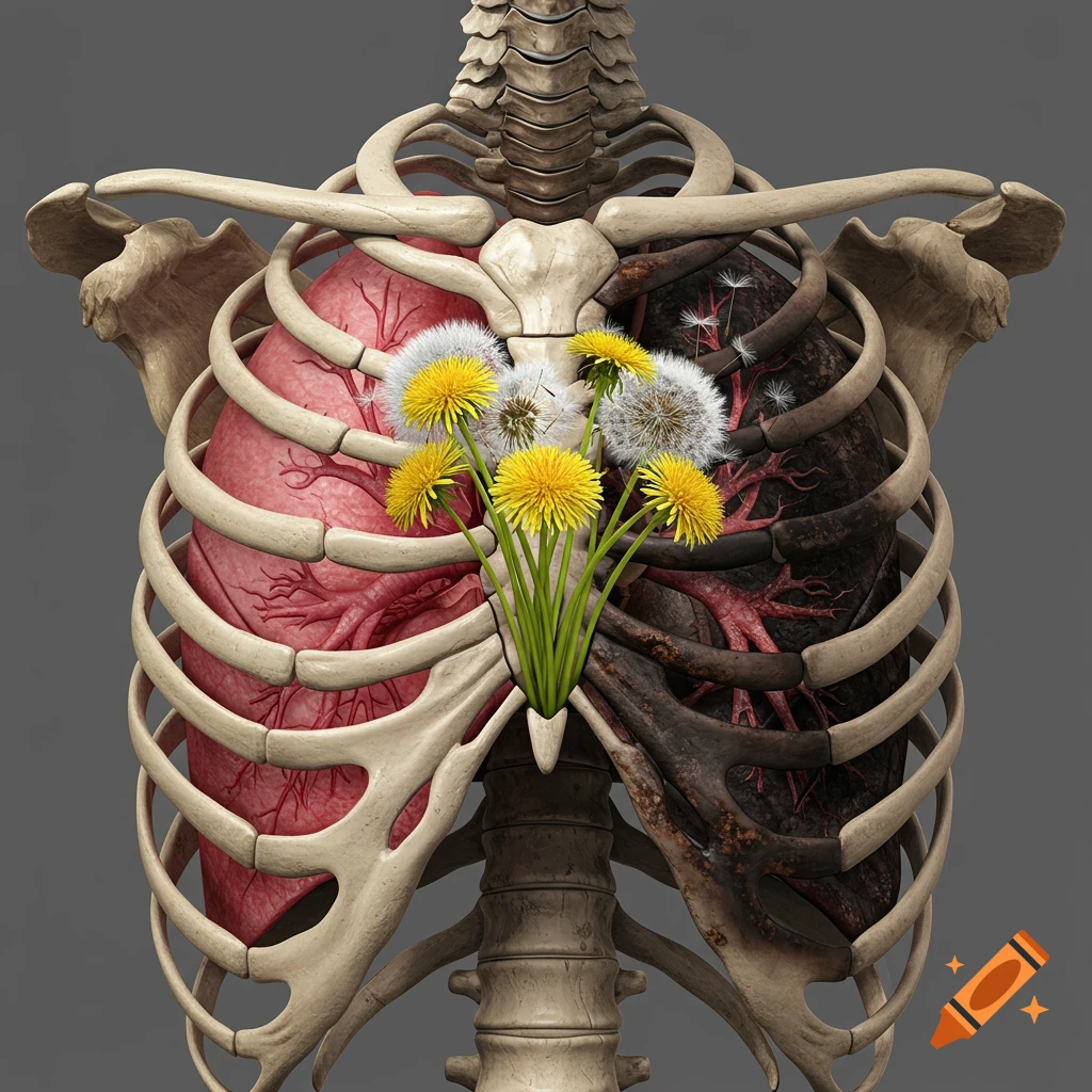 A detailed rendering of a human ribcage with a healthy red lung on the left and a dark smoker's lung on the right, with dandelions growing from the center.
