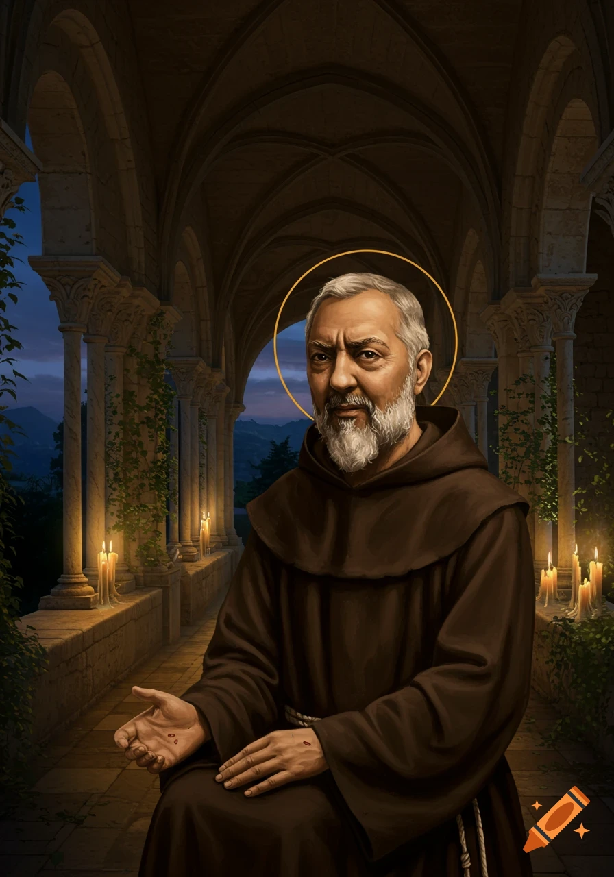 A digital painting of Padre Pio, a bearded friar with a halo, showing stigmata on his hands, in a candle-lit cloister at dusk.
