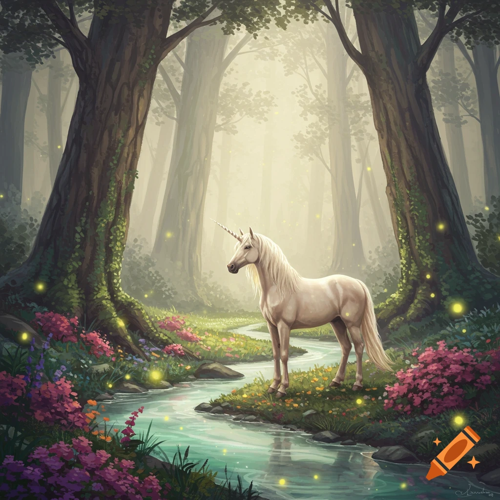 A majestic white unicorn stands by a shimmering stream in a lush, misty forest with vibrant flowers and glowing fireflies, digital art.