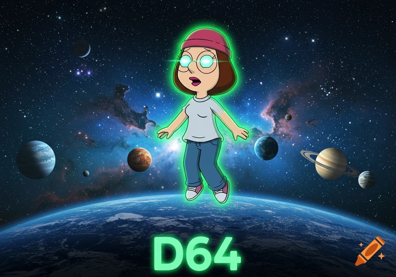 Meg Griffin with green aura and glowing eyes floats over Earth in space with planets, stars, and the text D64.