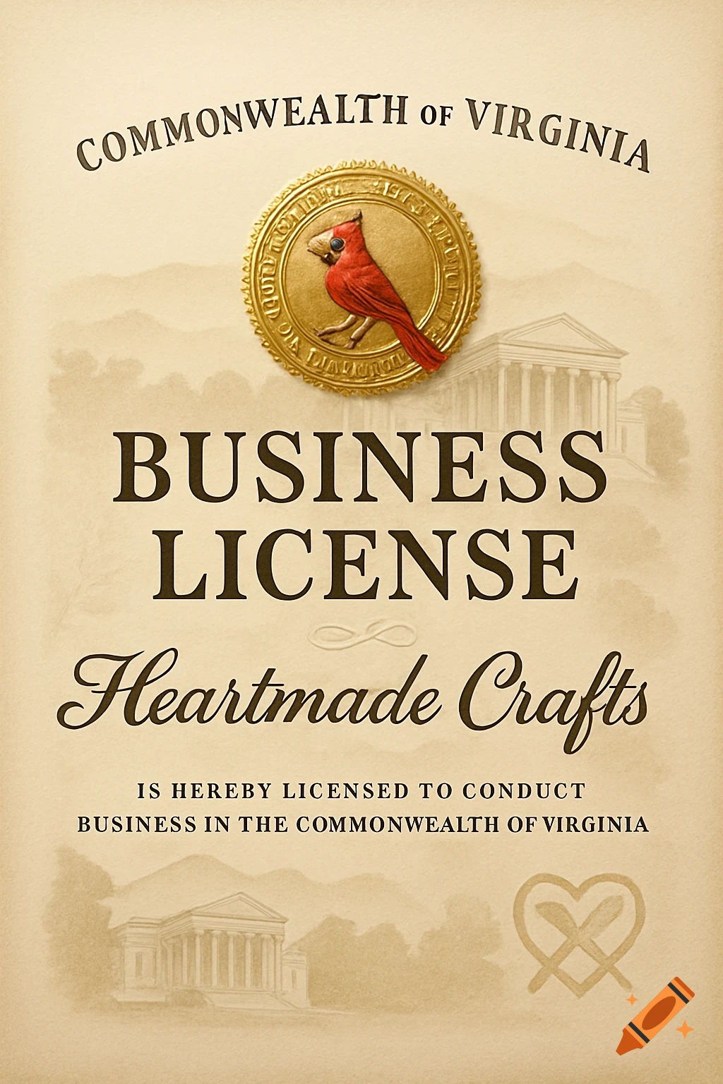 A vintage-style business license for 'Heartmade Crafts' from the Commonwealth of Virginia, featuring a golden seal with a red cardinal and faint classical buildings in the background.