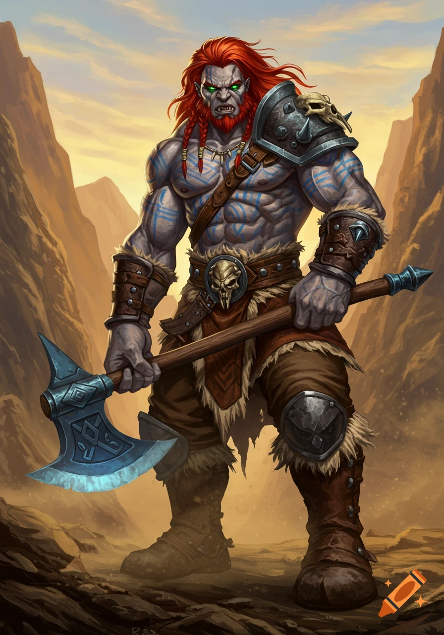 A muscular male goliath barbarian with red hair, green eyes, and blue tattoos, holding a large axe in a desert landscape, digital art.