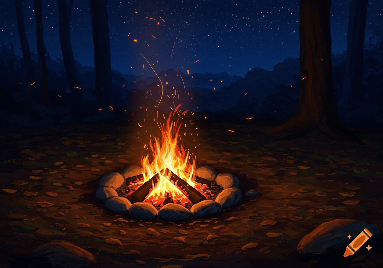Stylized illustration of a crackling campfire surrounded by stones in a dark forest at night, with sparks flying and stars visible.