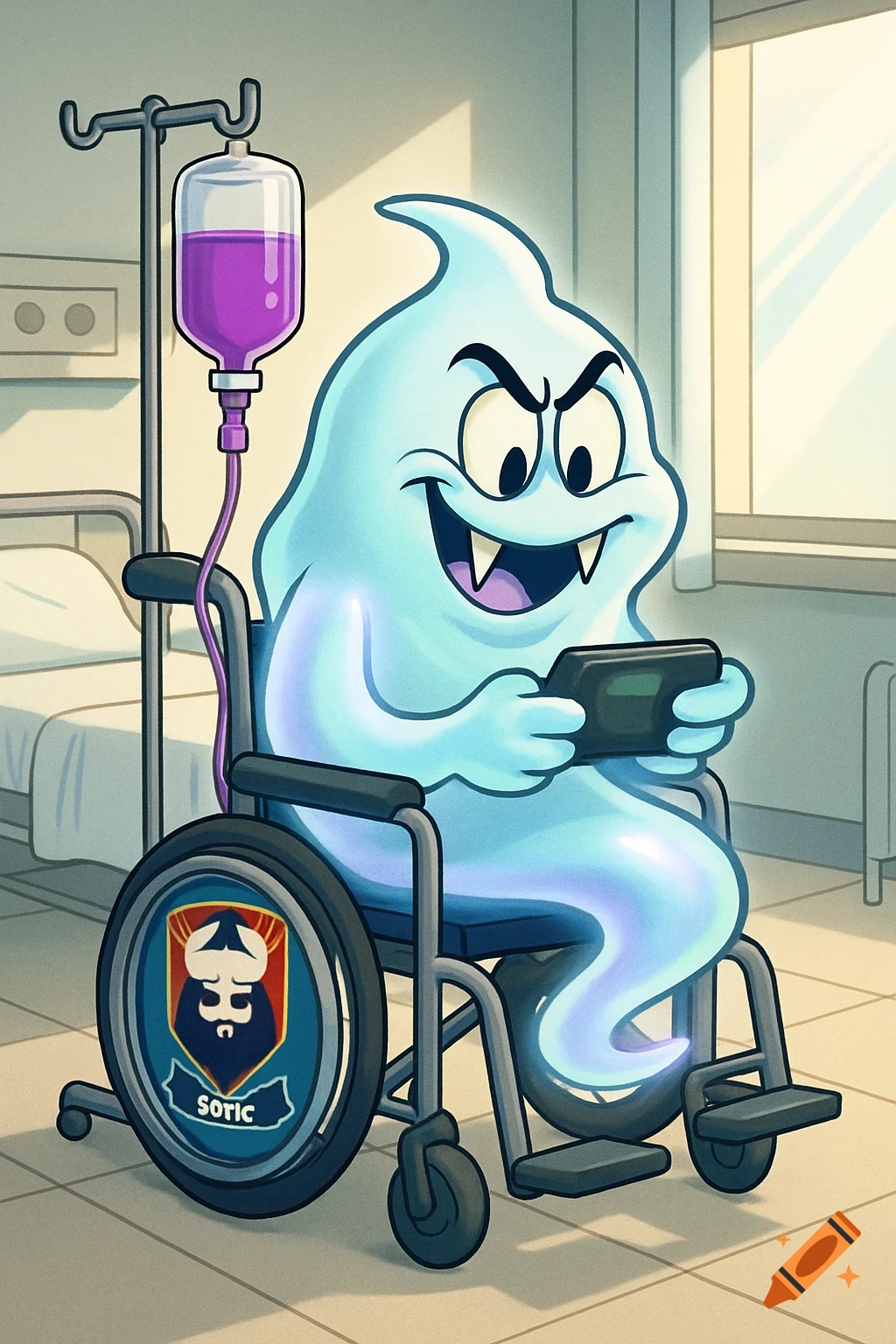 A cartoon ghost with vampire fangs sits in a wheelchair, hooked up to a purple IV drip, playing a video game in a bright hospital room.
