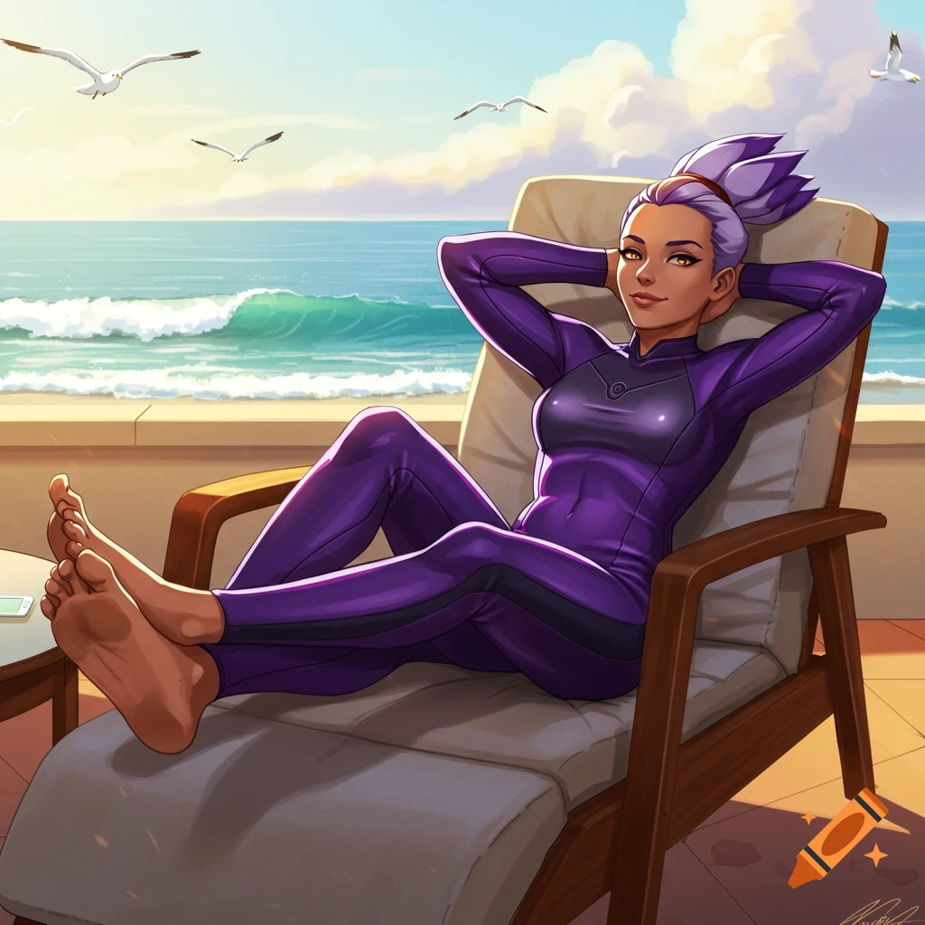 A woman in a purple wetsuit relaxes on a beach chair with her feet up, looking out at the ocean under a sunny sky.