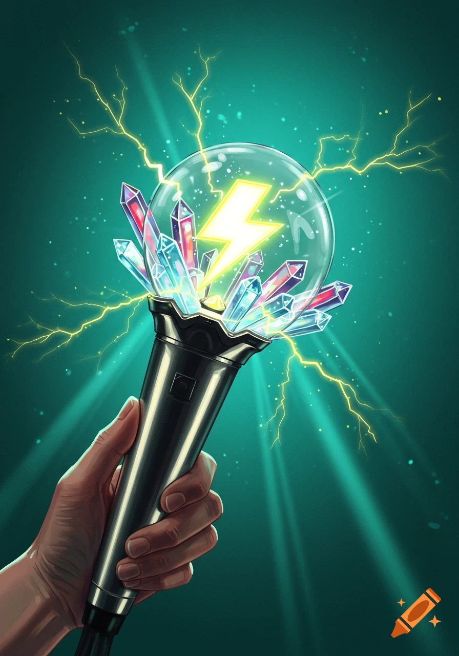 A hand holds a vibrant kpop lightstick with colorful crystals, a glowing lightning bolt symbol, and electric sparks.
