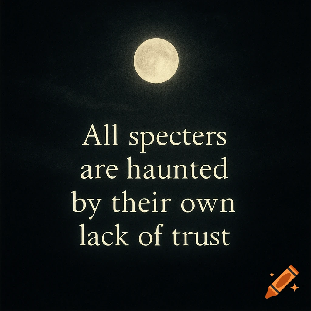 A bright full moon against a dark night sky with the glowing text "All specters are haunted by their own lack of trust".