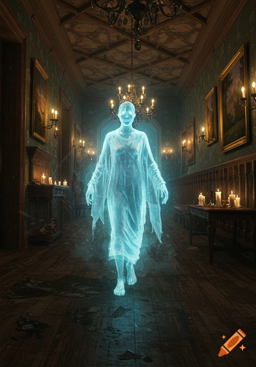 A glowing blue ghost floats down a dimly lit, ornate mansion hallway, with chandeliers and candles.