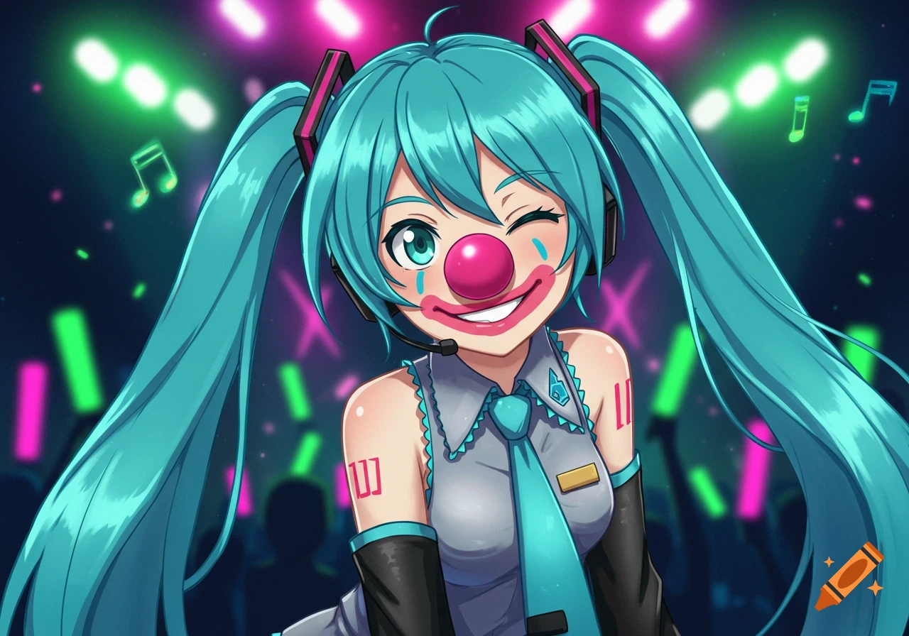 Anime character Hatsune Miku as a clown, winking with a red nose and painted smile, at a vibrant concert with green and pink lights.