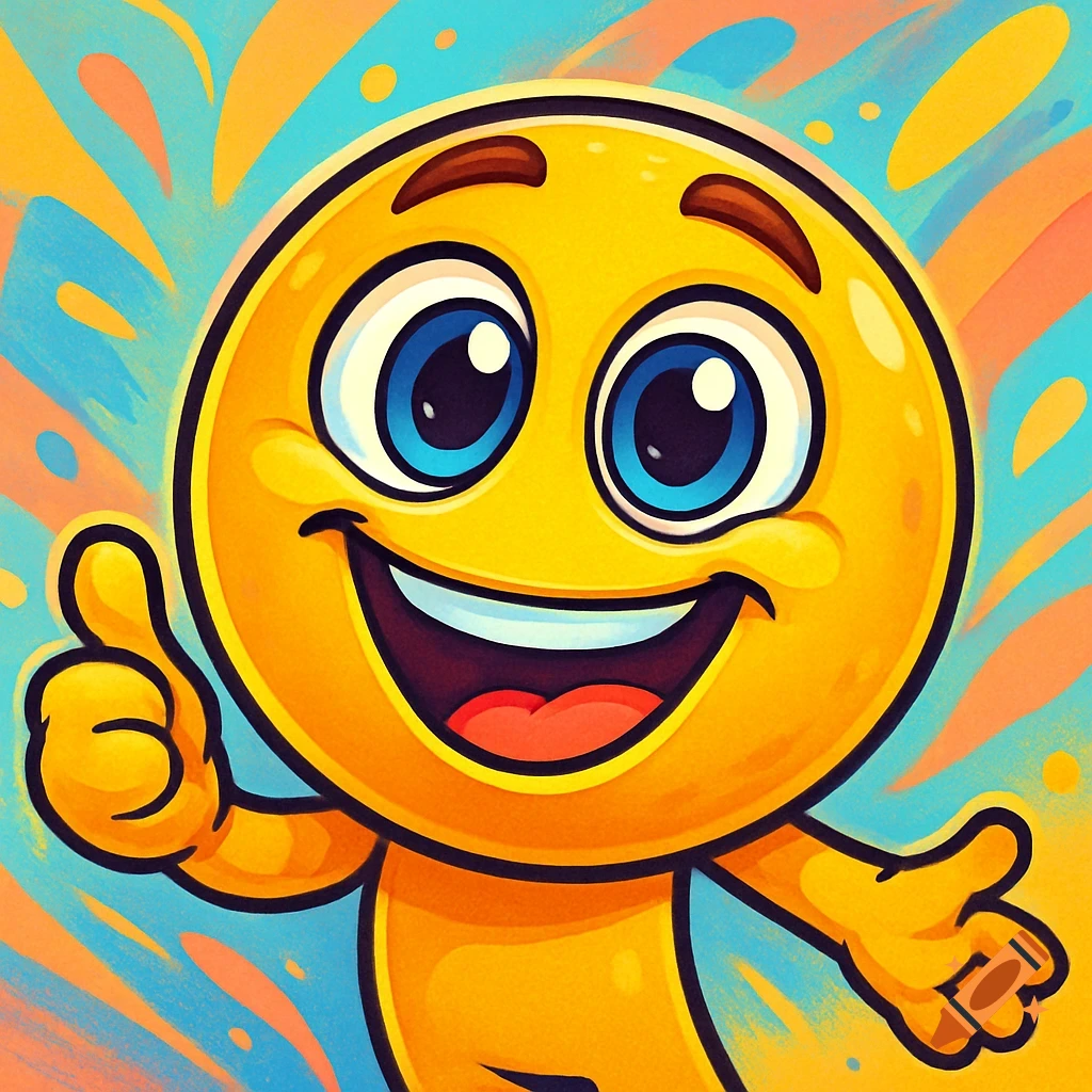 A cheerful yellow emoji character with big blue eyes and a wide smile gives a thumbs-up against a vibrant abstract background.