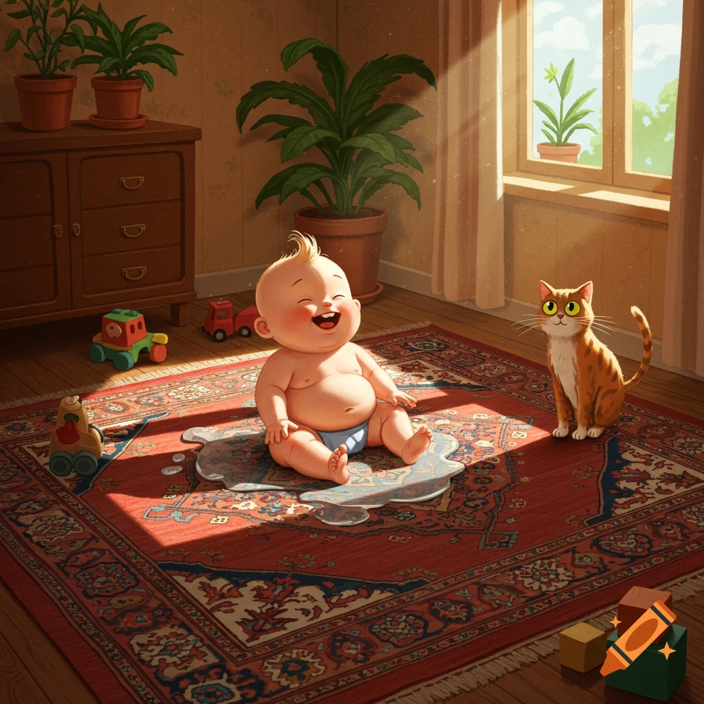 A happy, smiling baby in a diaper sits in a puddle on a red rug, watched by an orange cat, in a sunlit room with plants and toys.
