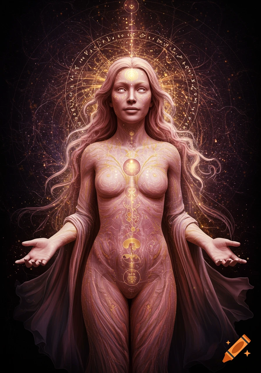 An ethereal female figure with flowing pink hair and symbolic golden patterns on her skin, standing with open palms amidst a cosmic, glowing background of mystical symbols.