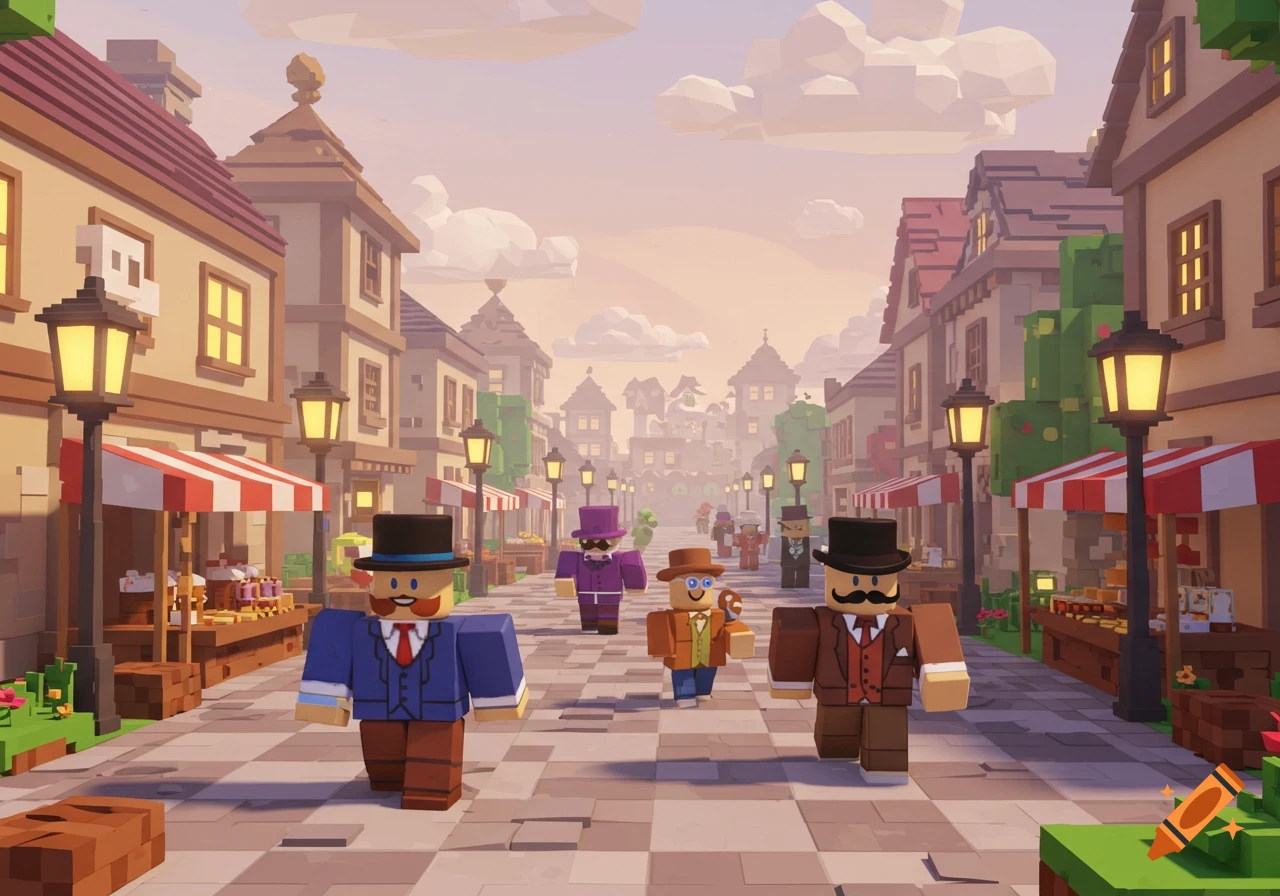 Blocky, voxel-style dandies in top hats walk along a cobblestone street lined with market stalls and buildings in a quaint town.