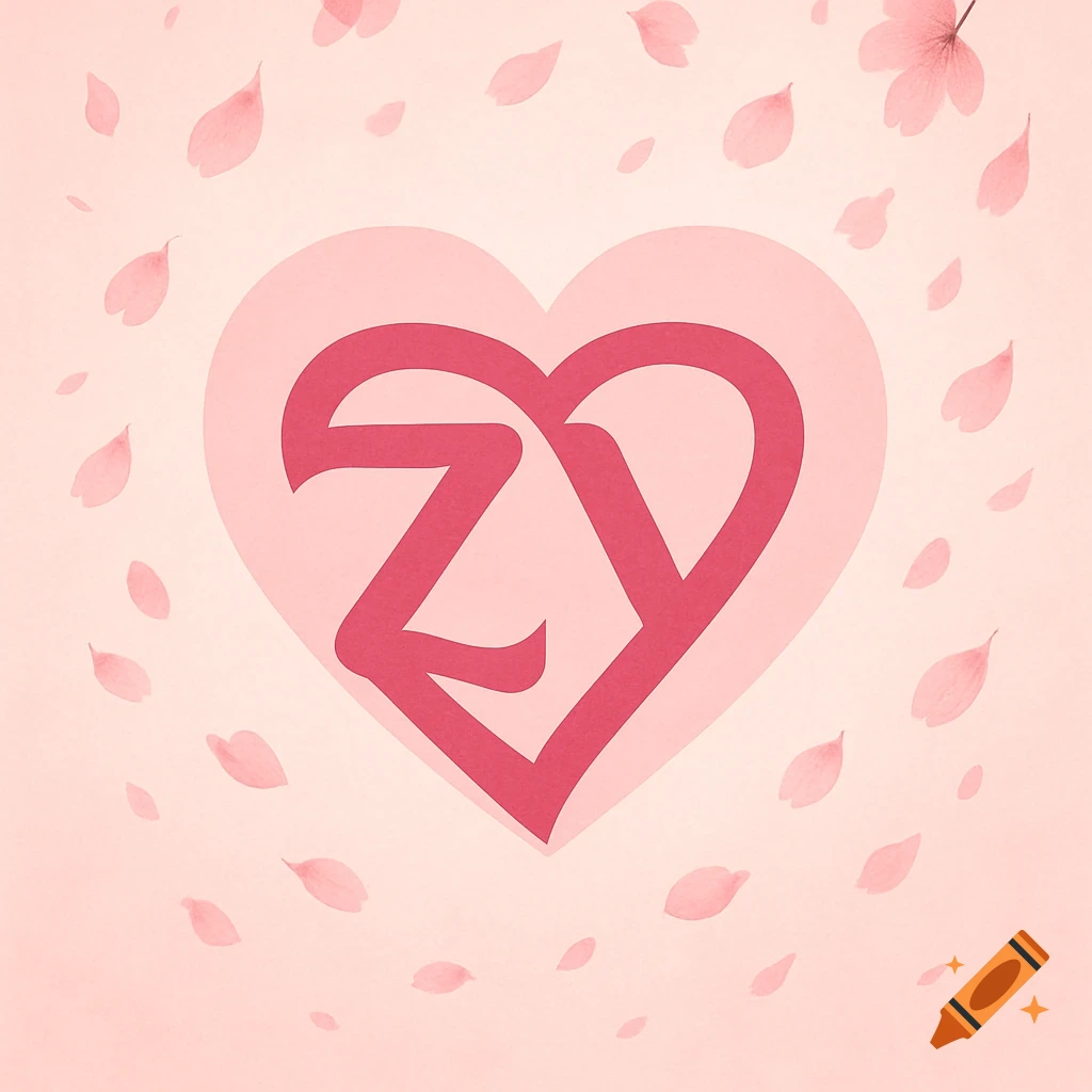Pink heart with intertwined 'ZY' letters, surrounded by falling pink cherry blossoms on a light pink background.