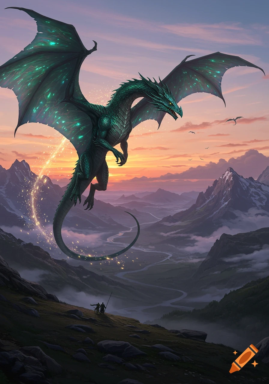 A large teal-green dragon with glowing wings soars over a vast mountain ...