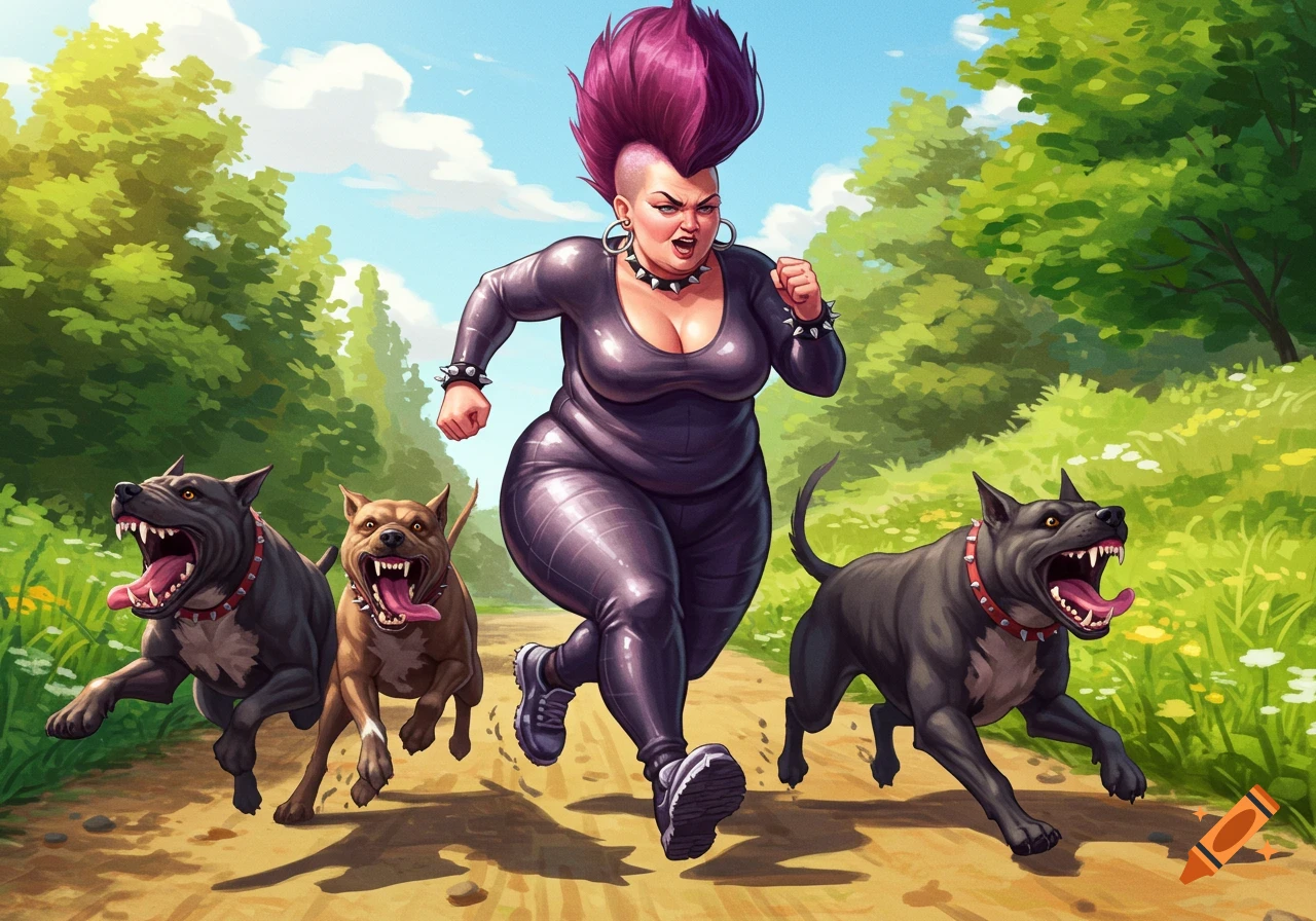 A punk rock woman with a purple mohawk runs with three angry dogs on a sunny dirt path through a green landscape, cartoon style.