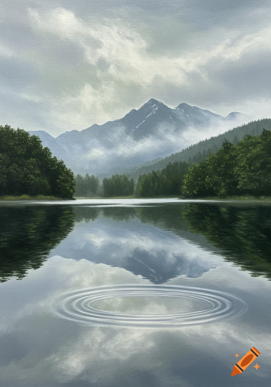 A serene painting of a lake reflecting misty mountains and cloudy sky ...