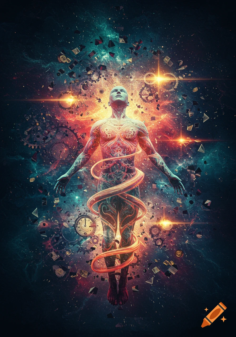 A stylized, glowing figure with intricate patterns, rising from a cosmic nebula with gears and clock faces.