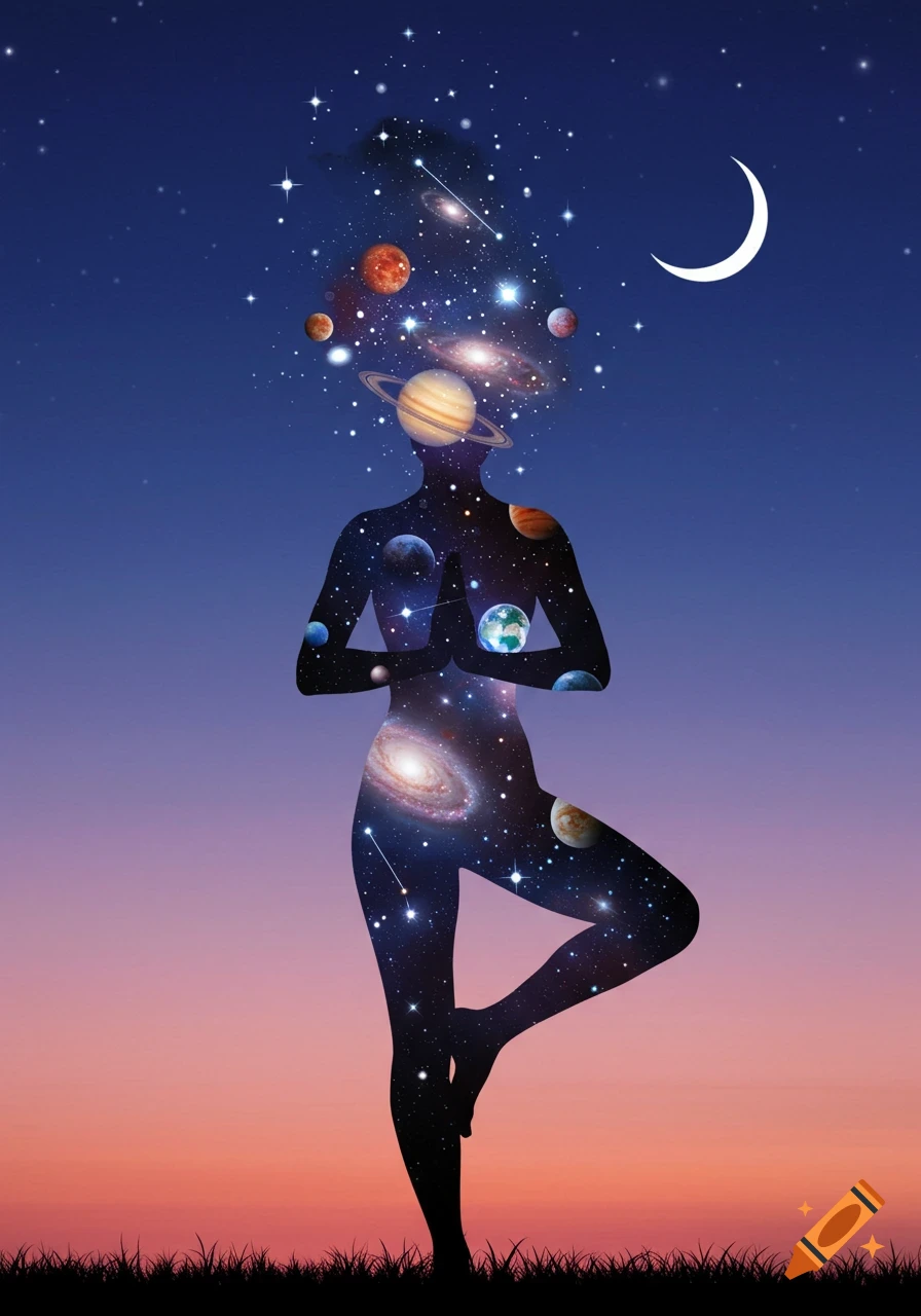 A woman's silhouette in a yoga pose, filled with planets, stars, and galaxies, against a gradient sunset sky with a crescent moon.