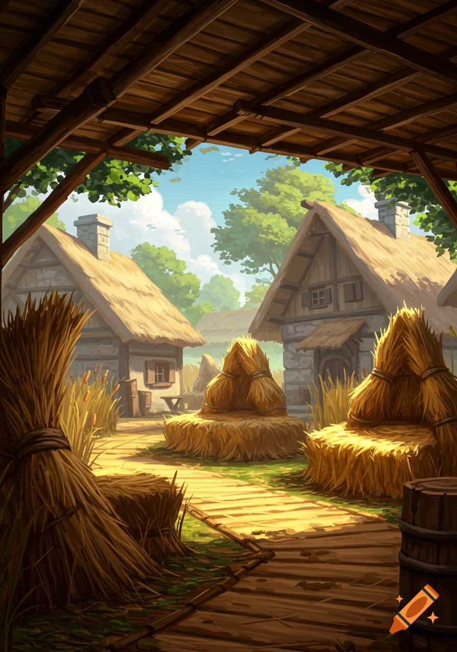 A stylized illustration of a rustic village street with hay bales, thatched-roof cottages, and a wooden pathway under a wooden ceiling.
