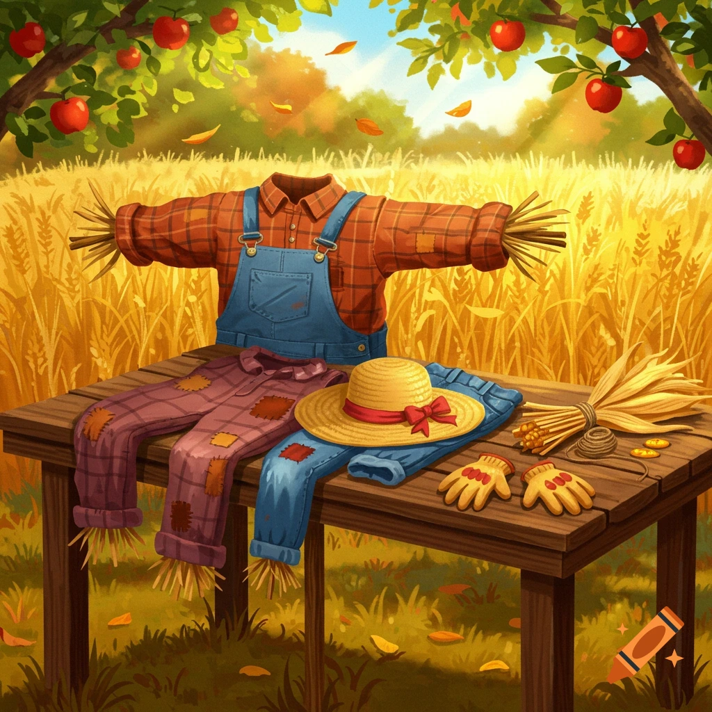Colorful illustration of scarecrow clothes, a straw hat, and gloves on a wooden table in a sunny wheat field with apple trees.