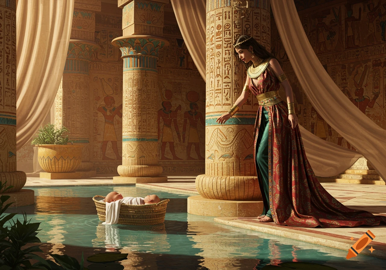 A woman in a red and gold Egyptian gown discovers a baby in a basket floating in palace water. Hieroglyphics cover the columns and walls.