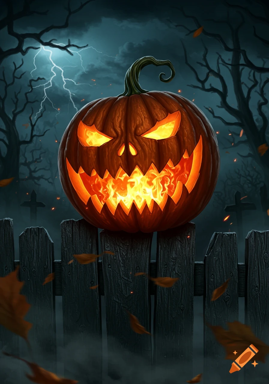 A scary Halloween pumpkin with glowing eyes and fire spewing from its mouth sits atop a wooden fence in a stormy, dark graveyard with lightning.