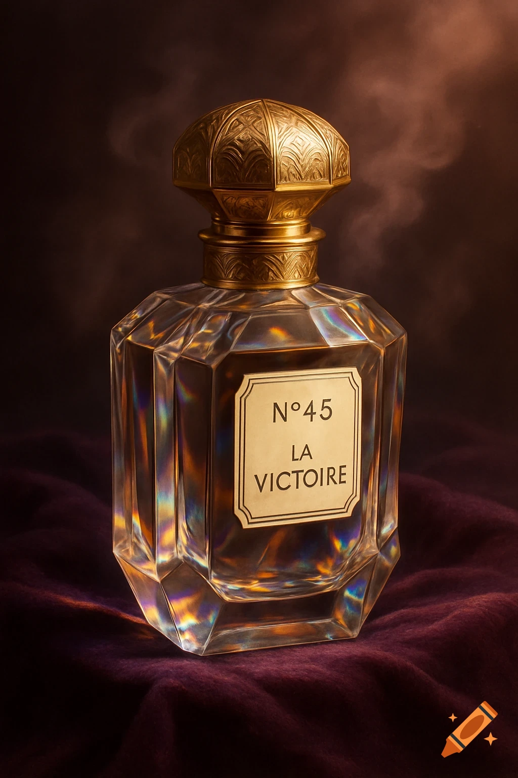 A luxurious crystal perfume bottle with a golden, ornate cap and a label reading 'N045 LA VICTOIRE' on deep purple fabric.