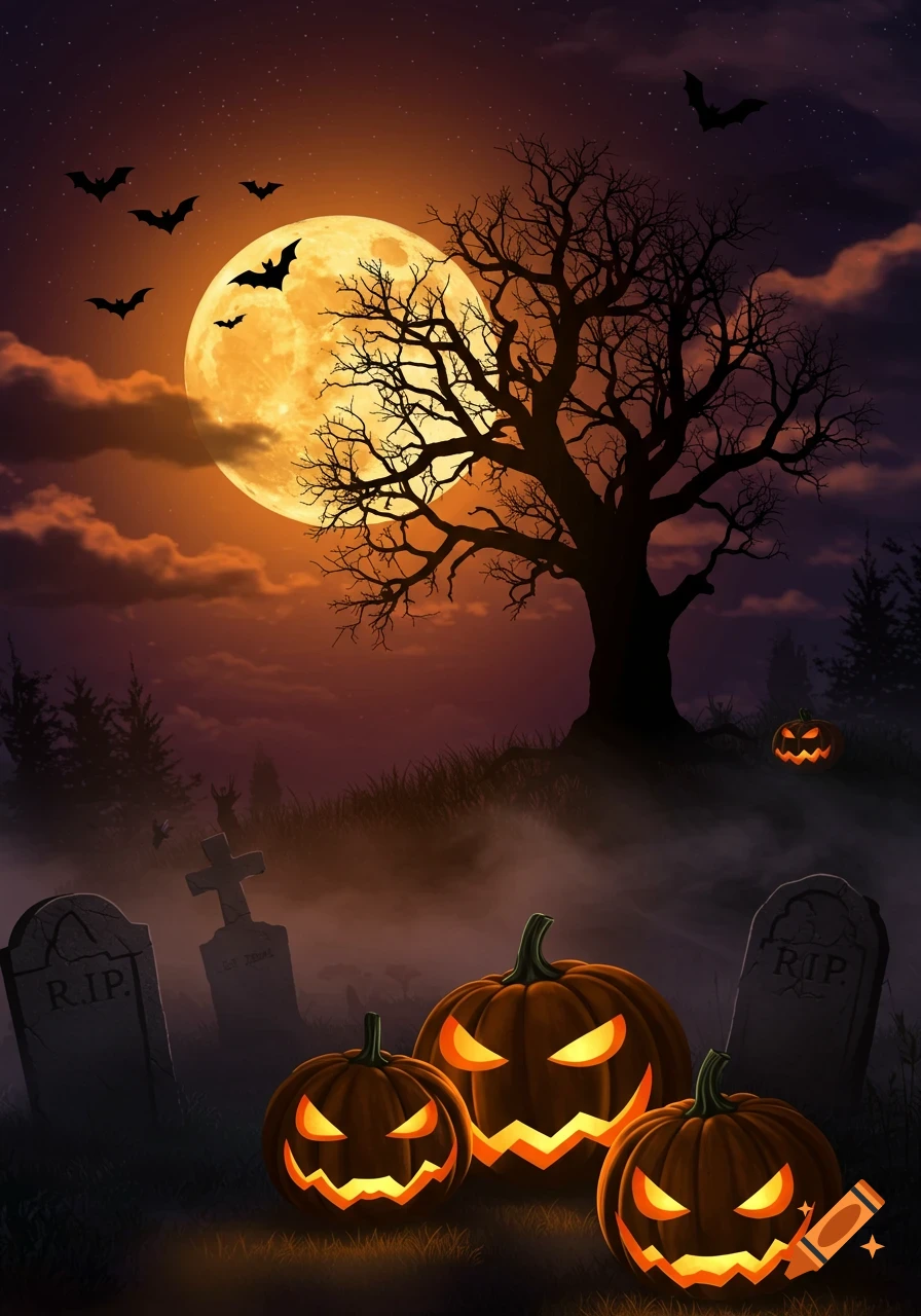A spooky Halloween night scene with three glowing jack-o'-lanterns, gravestones, a bare tree, bats, and a full moon.