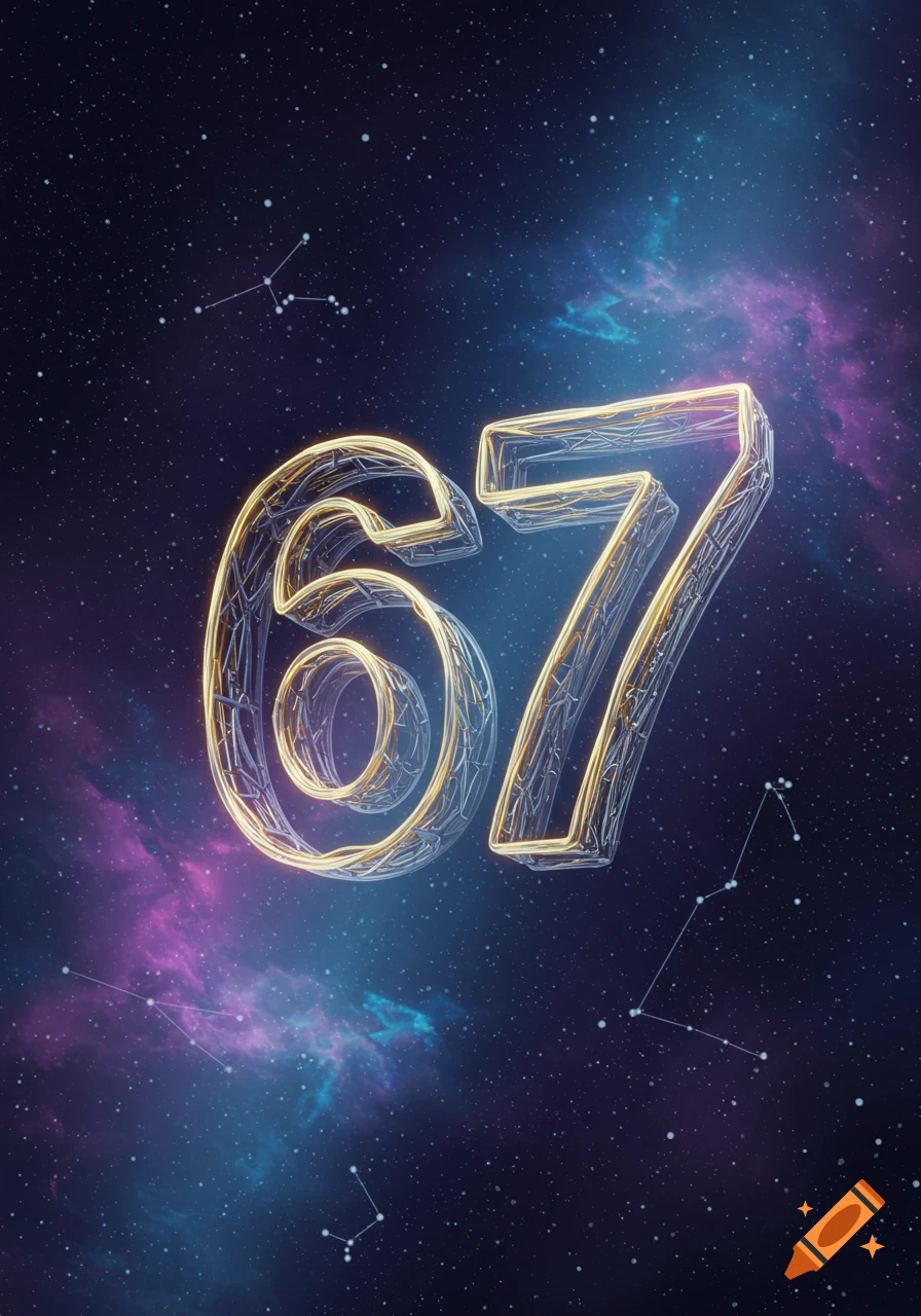 Glowing metallic numbers 67 in a cosmic space with nebulas and ...