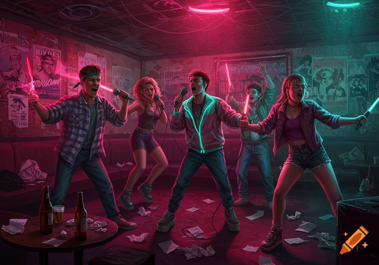 Five friends sing karaoke in a neon-lit, grungy room, holding glowing microphones and light sticks, surrounded by crumpled papers and beer bottles.