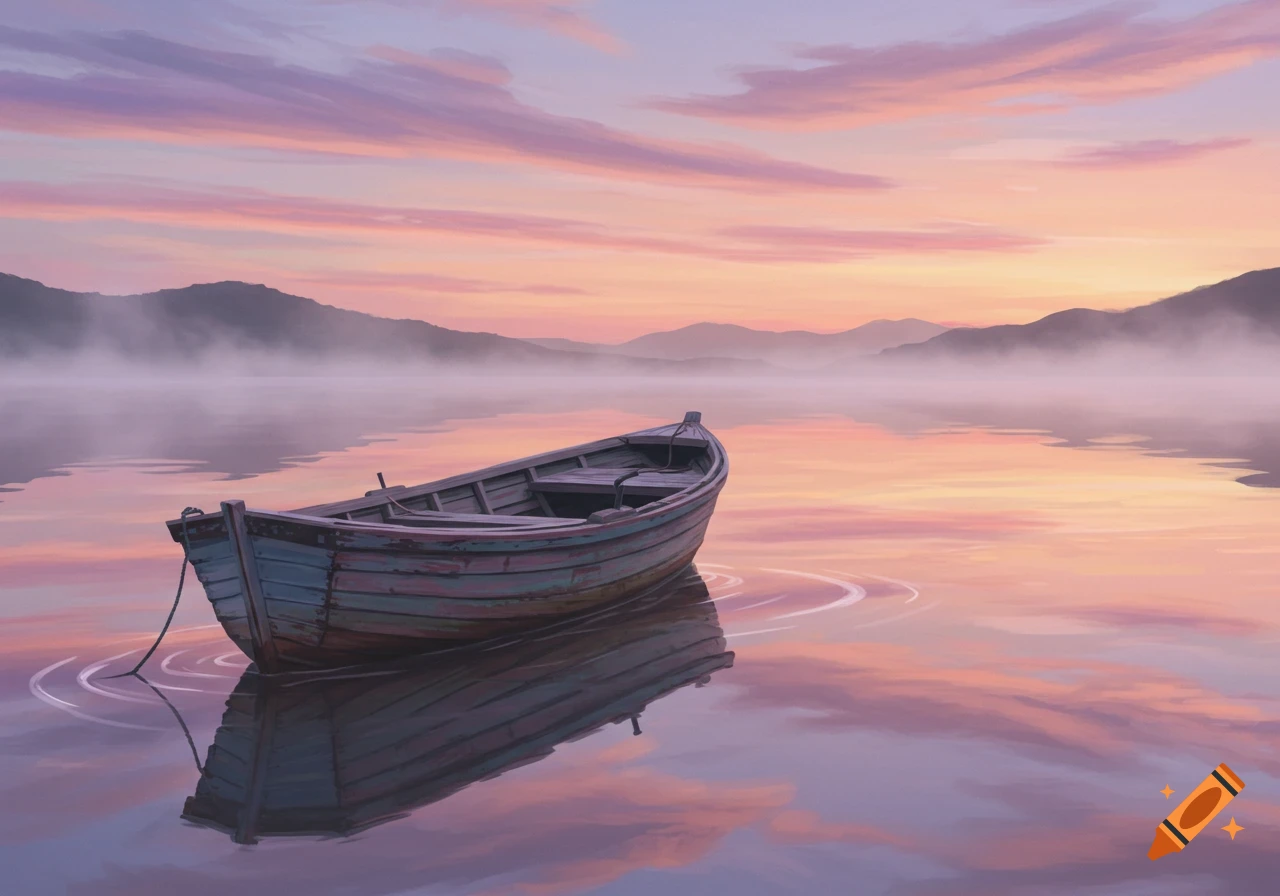 A wooden rowboat floats on a misty lake reflecting a colorful pink and orange sunset sky with distant mountains.