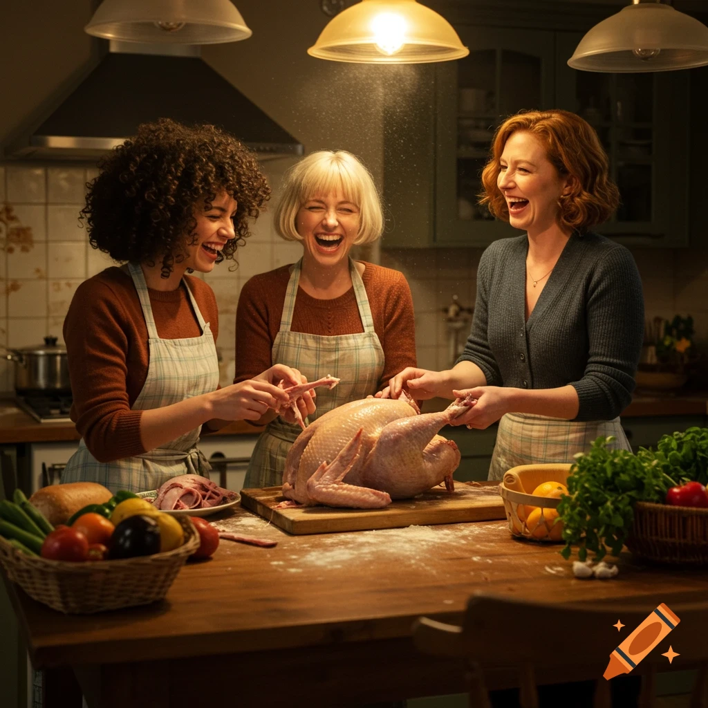 Three women laugh while preparing a raw turkey in a cozy kitchen, surrounded by fresh vegetables.