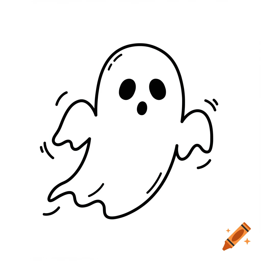 A simple black and white outline drawing of a cute, friendly ghost with round eyes and an open mouth.