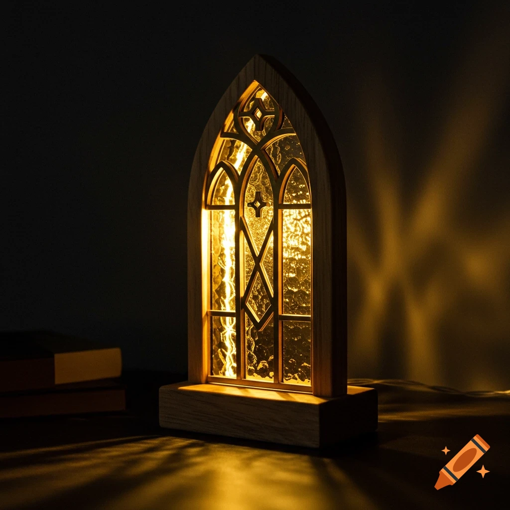 A glowing golden LED lamp shaped like a gothic wooden stained-glass window on a dark table, creating a warm ambiance.