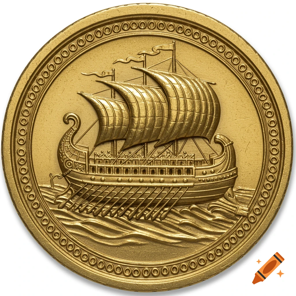A high relief image of an ancient Roman bireme warship, side profile, on a newly minted polished gold coin.
