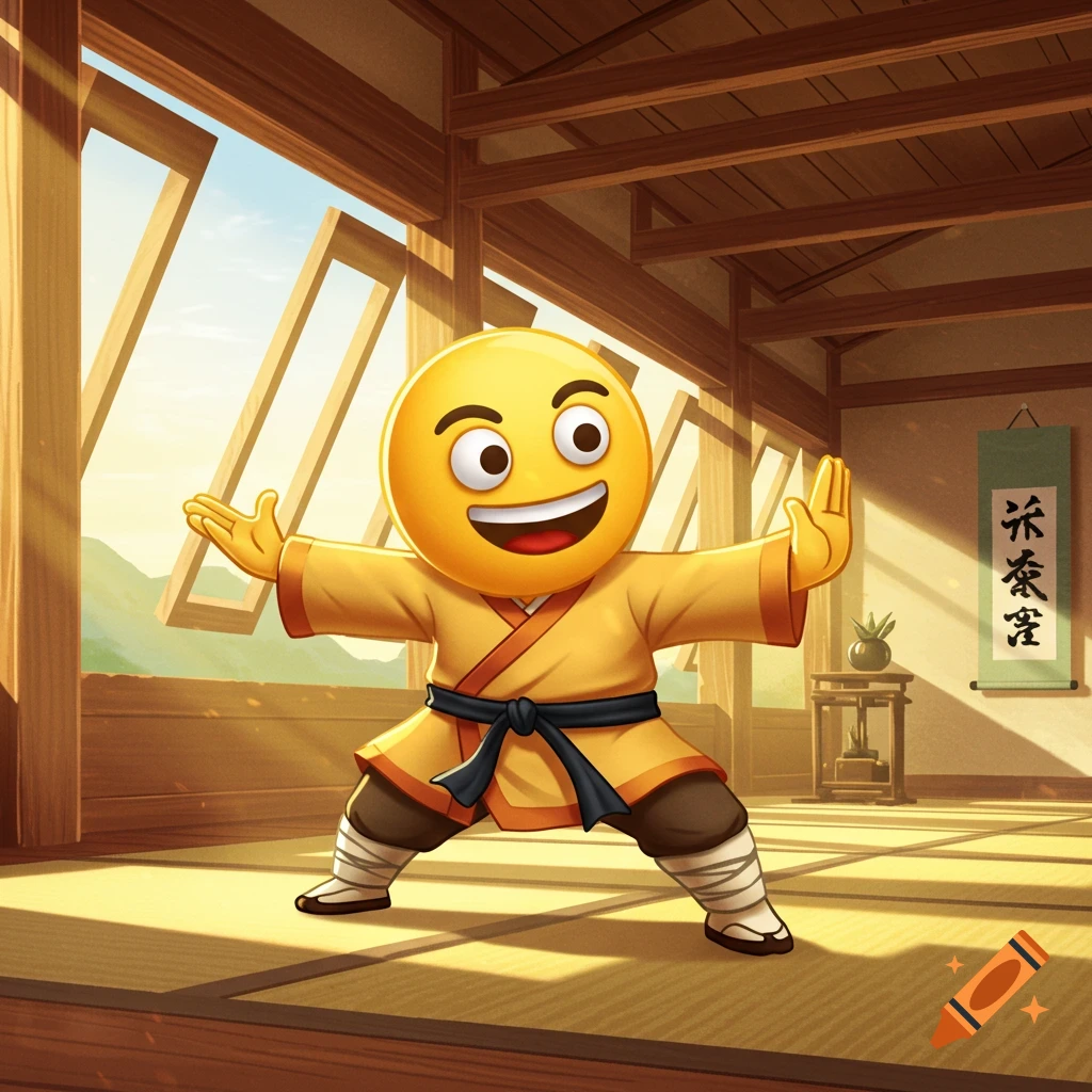 A happy yellow emoji wearing a yellow kung fu uniform and a black belt, striking a martial arts pose in a sunlit dojo.