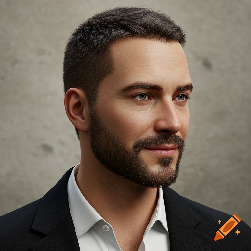 Photorealistic close-up portrait of a man with short dark hair and a beard, wearing a white shirt and black suit jacket.