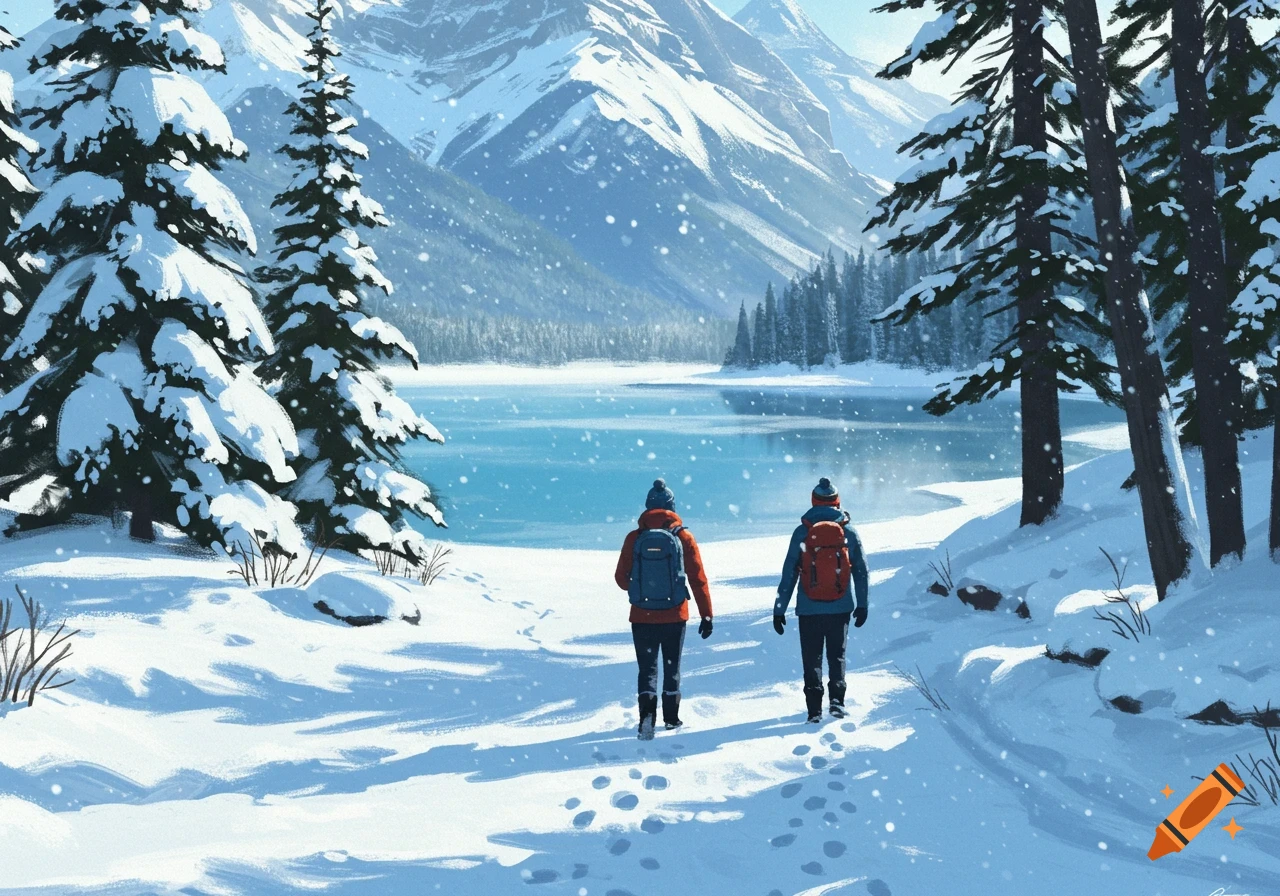 Two hikers walk through a snowy mountain landscape with pine trees, a frozen lake, and snow-capped peaks in a painterly style.