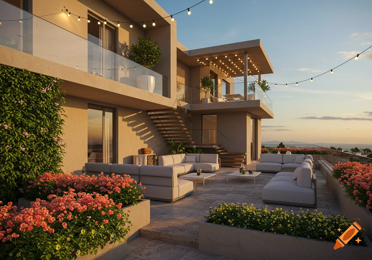 Modern multi-level outdoor terrace with seating, plants, and string lights at sunset, overlooking a landscape.