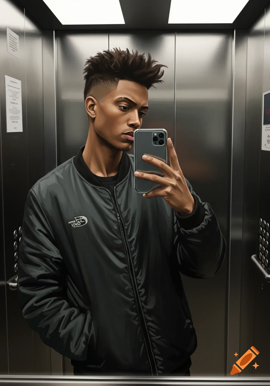 A man with a fade haircut and dark skin takes a mirror selfie in a modern metallic elevator, wearing a black bomber jacket.