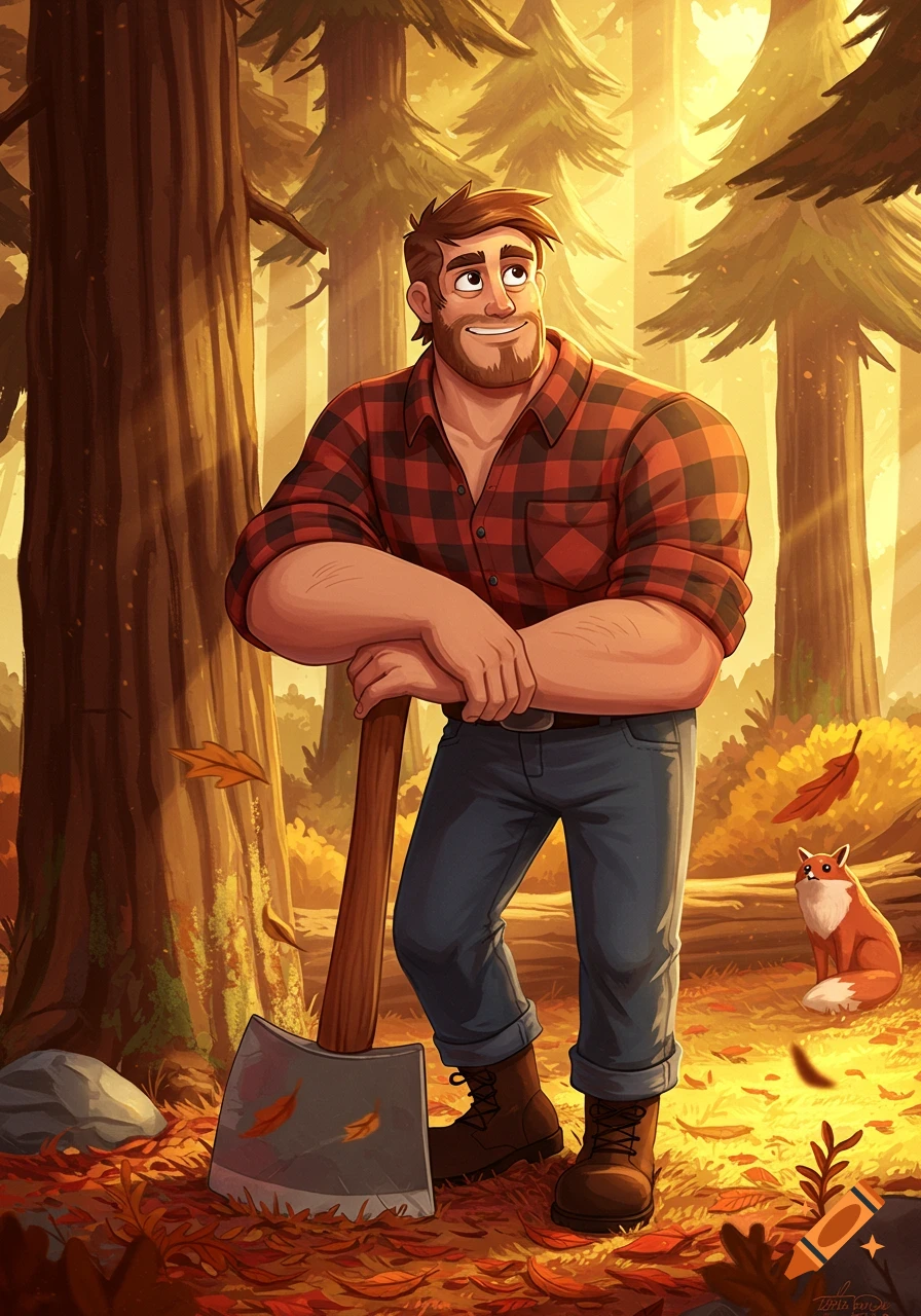 A cartoon lumberjack with a beard, plaid shirt, and jeans leans on an axe in a sunlit forest with a small fox nearby.