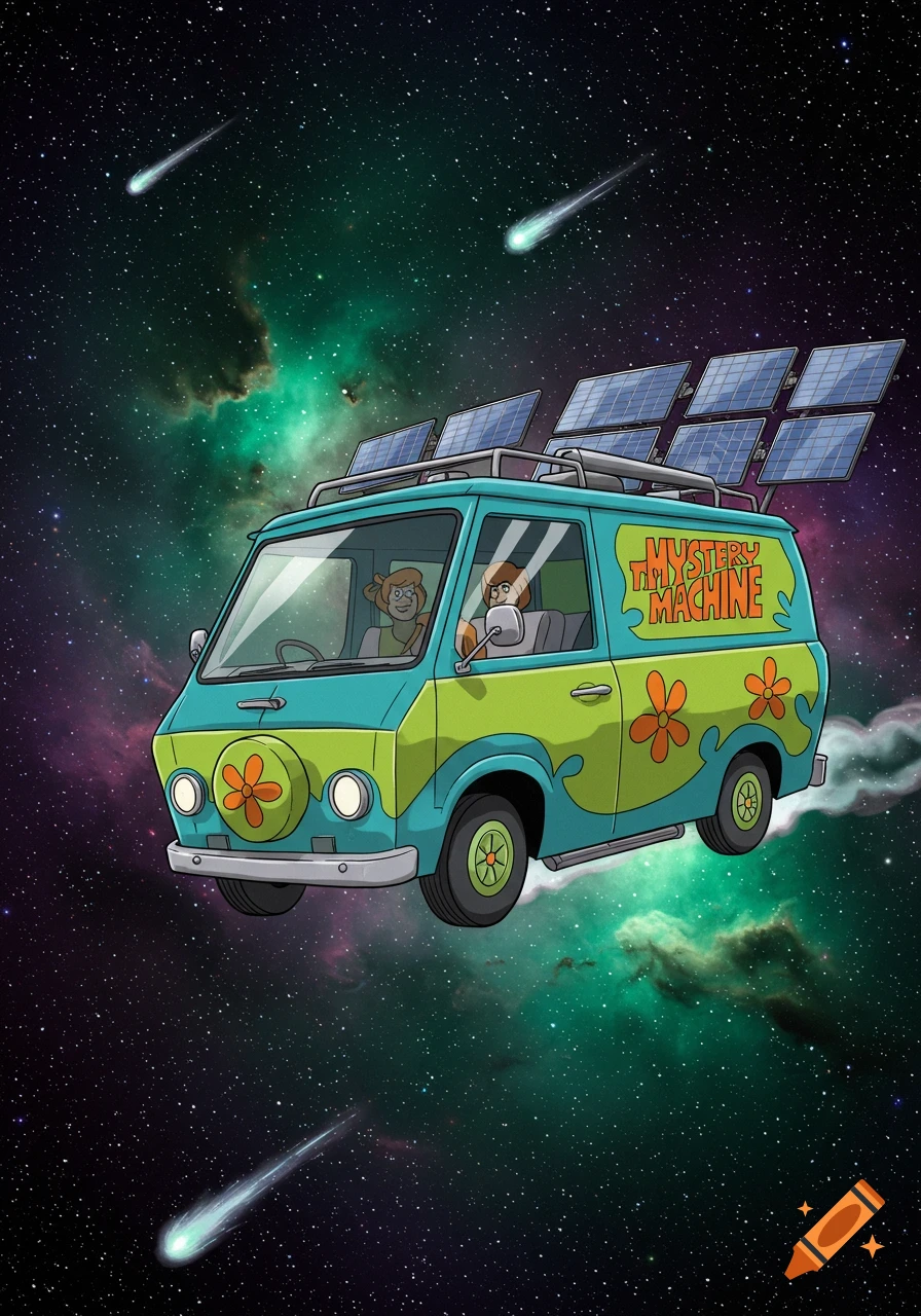 The Mystery Machine van with solar panels flies through a vibrant, star-filled green and purple nebula in a cell-shaded cartoon style.