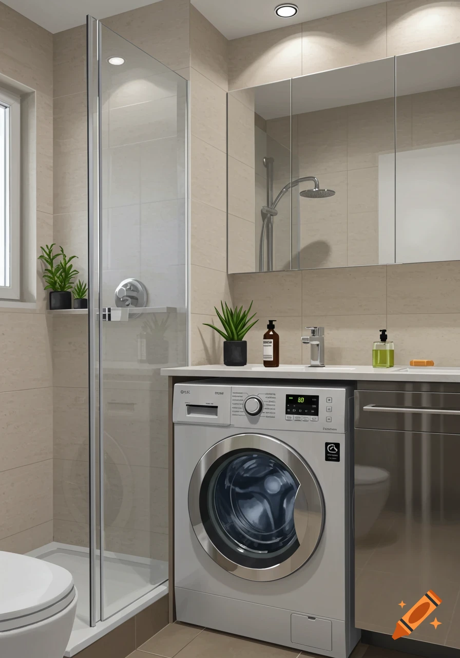 Photorealistic view of a modern small bathroom with a washing machine, shower, toilet, and sink, decorated with plants.