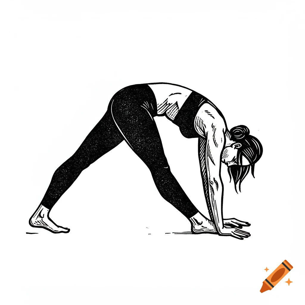 A black and white block print illustration of a woman in a strong yoga pose, bending forward with hands and feet on the ground.