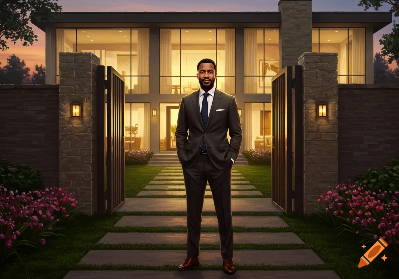 A well-dressed Black man in a dark suit stands on a stone path in front of a modern house at dusk. Photorealistic.