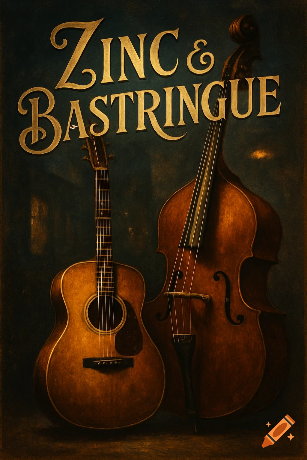 A vintage-style poster featuring an acoustic guitar and a double bass, with the text 'ZINC & BASTRINGUE' in gold lettering.