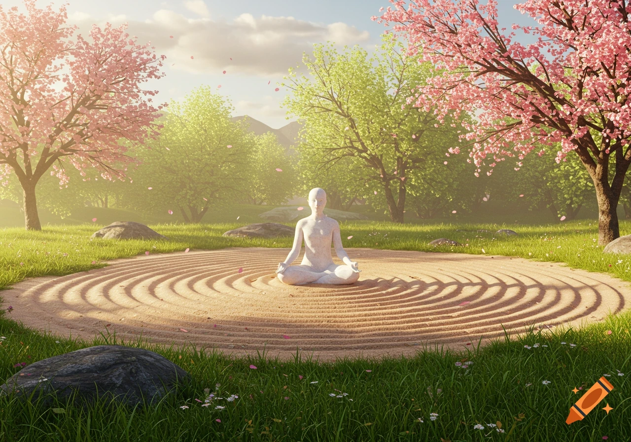 A white meditating figure sits in the center of a raked sand zen garden, surrounded by pink cherry blossom trees and green foliage under a bright sky.